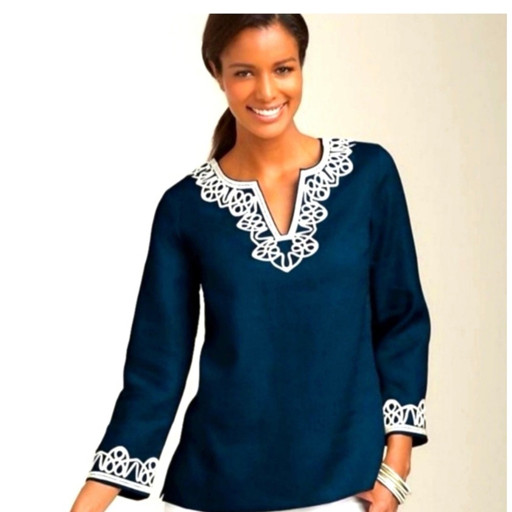 Talbots 100%‎ Linen Embroidered Blue Top Women Medium Coastal Nautical Resort